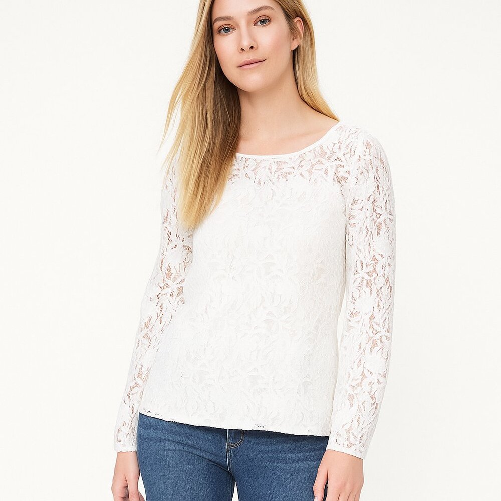 NWT White House Black Market Long Sleeve Seamed Lace Blouse Ecru 4
